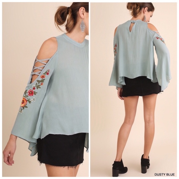 Embroidered Crisscross Cold Shoulder Blouse Blue - Picture 5 of 6